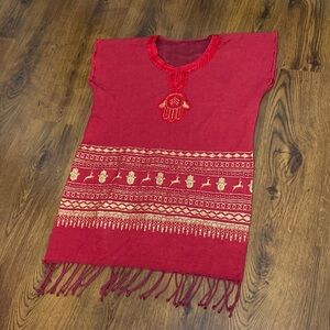 🌷HAMSA🌷 Red & Gold Thread Spun Design Tunic Top Fringe Dress